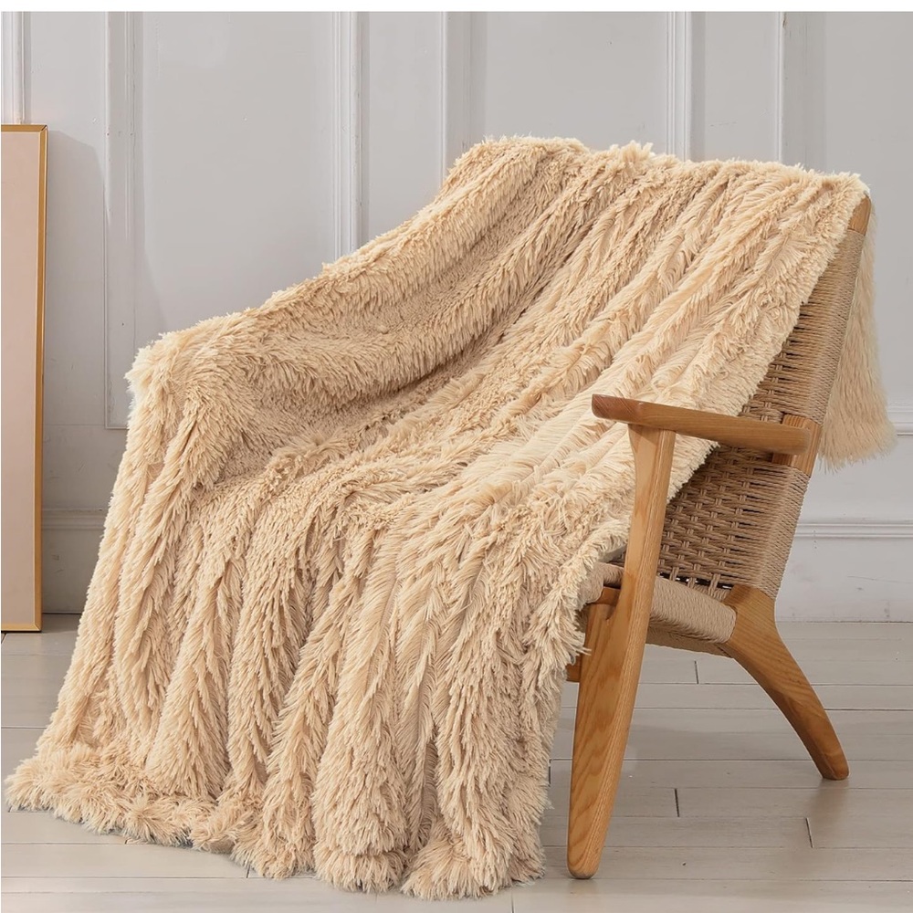 50” x 60” luxurious reversible Faux Fur Throw Blanket in Apricot